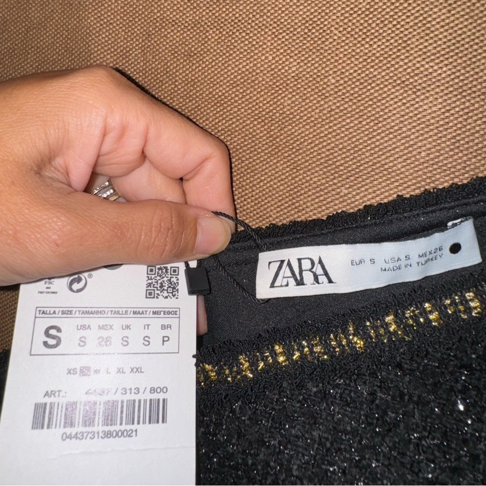 Zara NWT! Black/Gold Asymmetric Textured Shoulder Pad Mini Dress Size S - Picture 8 of 15